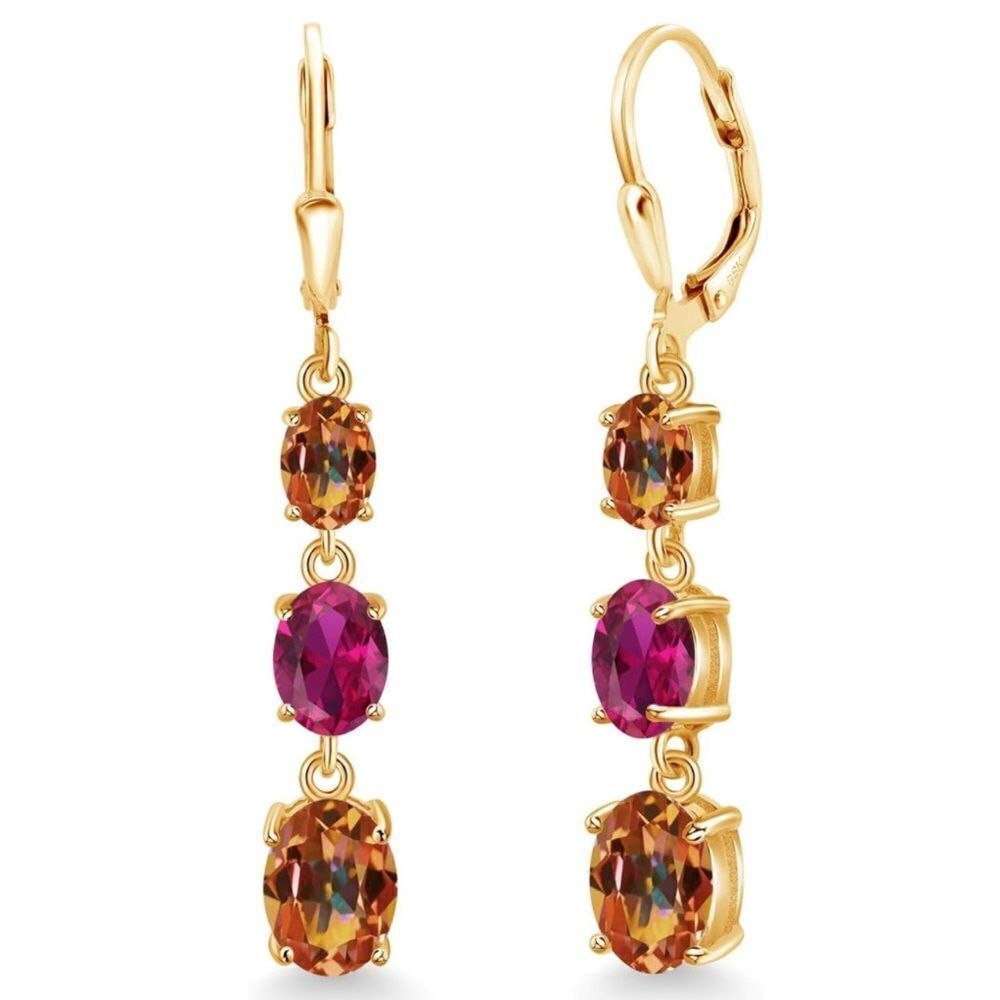 18K Yellow Gold with 5.70 Cttw 3 StoneāEcstasy Mystic Topaz and Ruby Earrings